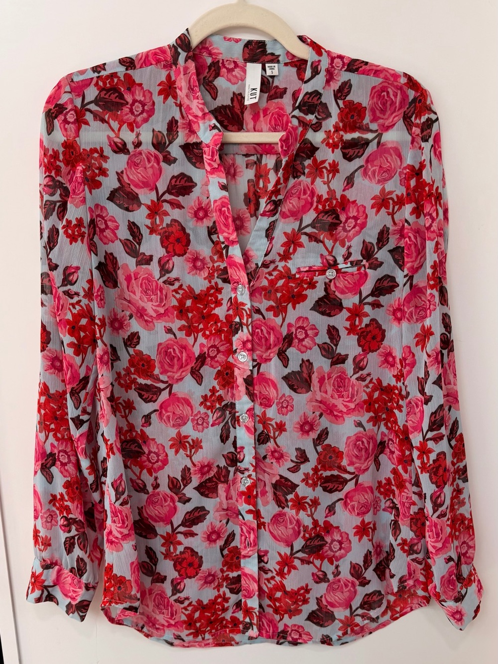 Kut from the Kloth pink Floral Button-Front Long Sleeve Blouse-small